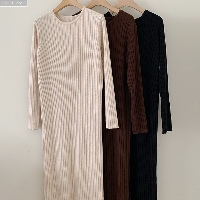 라일드 골지 라운드 허리끈 롱 원피스 3col 겨울 니트 H라인 신축성 모던 제이플로우