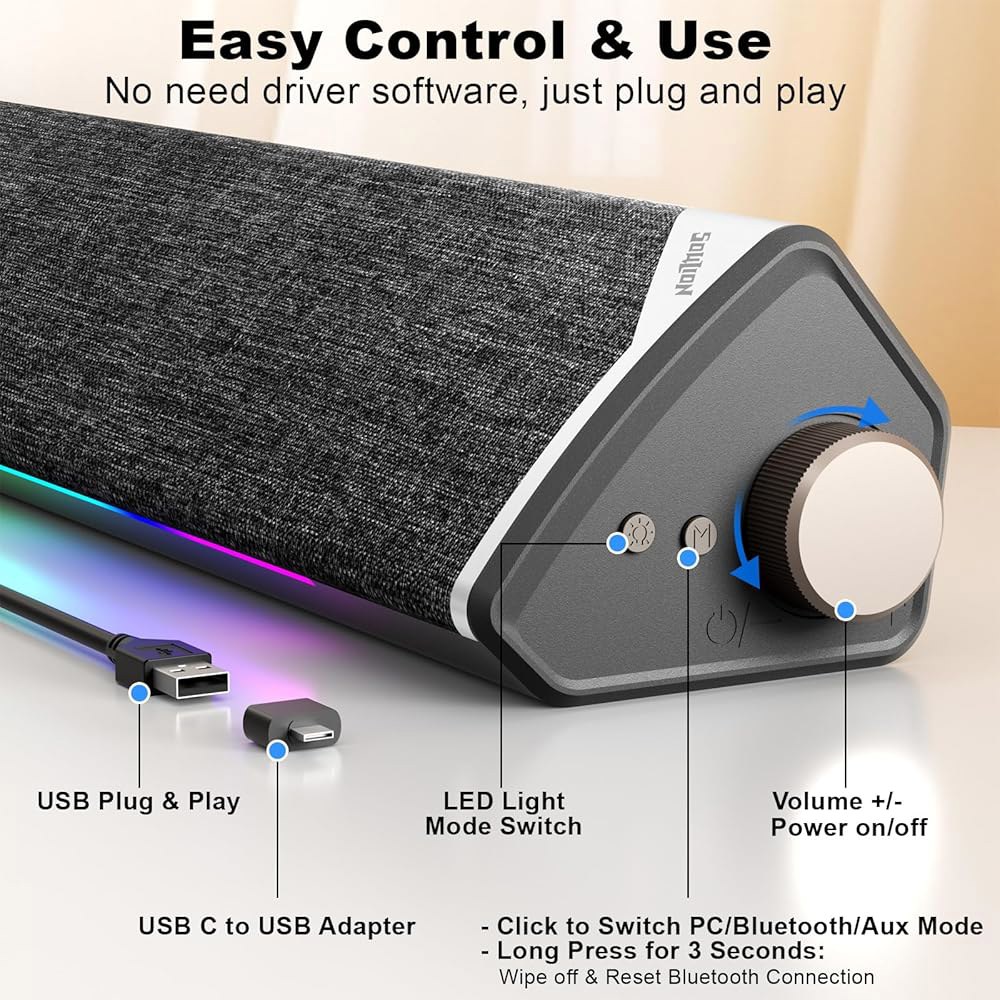 SOULION R60 블루투스 컴퓨터 스피커, LED 다이내믹 라이트가 장착된 USB 플러그 앤 플레이 PC 데스크탑 노트북용 로터리 스위치가 서라운드 사운드바 스피커(USB-C - 상세 이미지 3