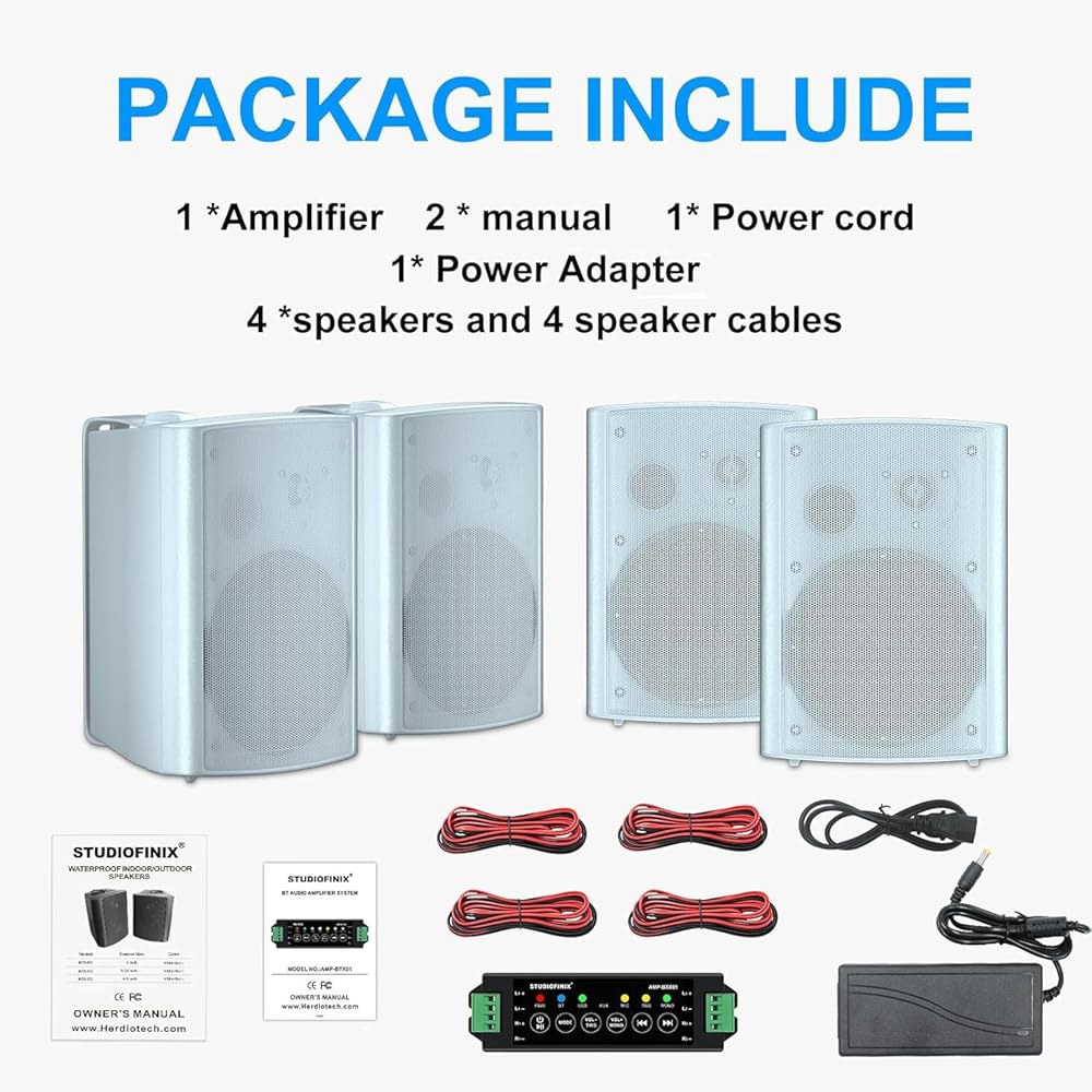 스튜디오파이닉스 800W 6.5인치 블루투스 실외 스피커 방수 유선, 다기능 앰프 벽걸이 풍향 시스템(파티오 가든 풀사이드 홈용) (스피커 4개, 흰색) White - 상세 이미지 2