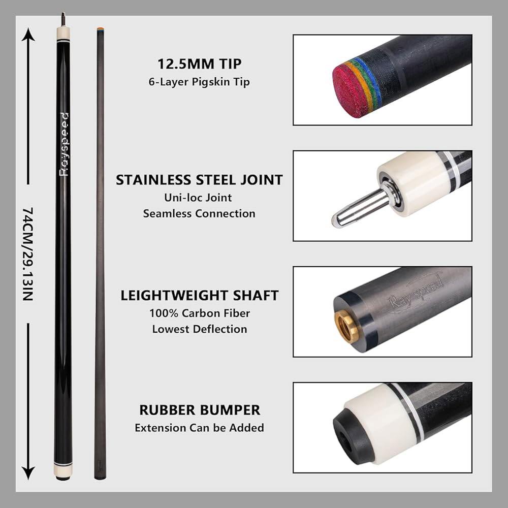 Ray speed 탄소 섬유 당구 낮은 큐 성인용 핀 편향 12.5mm 포켓볼 풀 조인트 전문 스틱 Uni-loc 포함 기술 Black - 상세 이미지 3