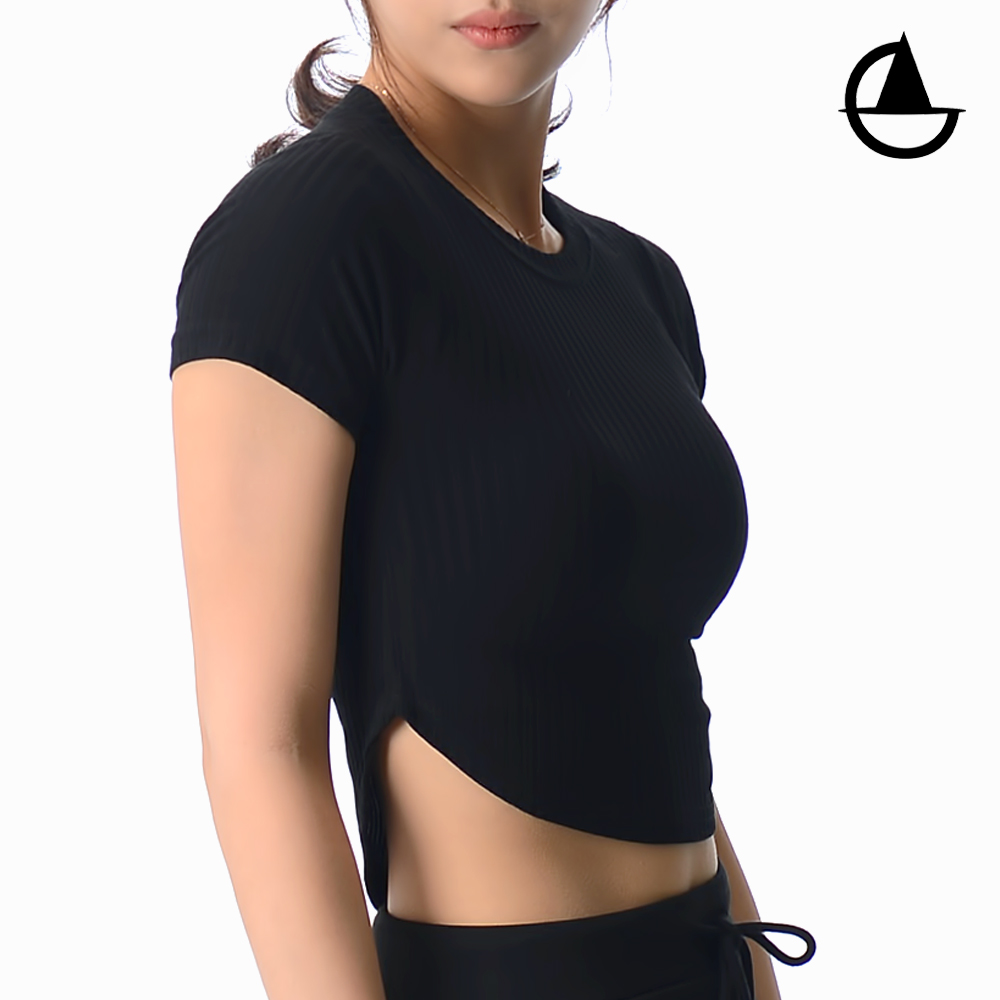 그리니치 골지 크롭티셔츠 라운드넥 반팔 필라테스 요가복 - 상품 이미지