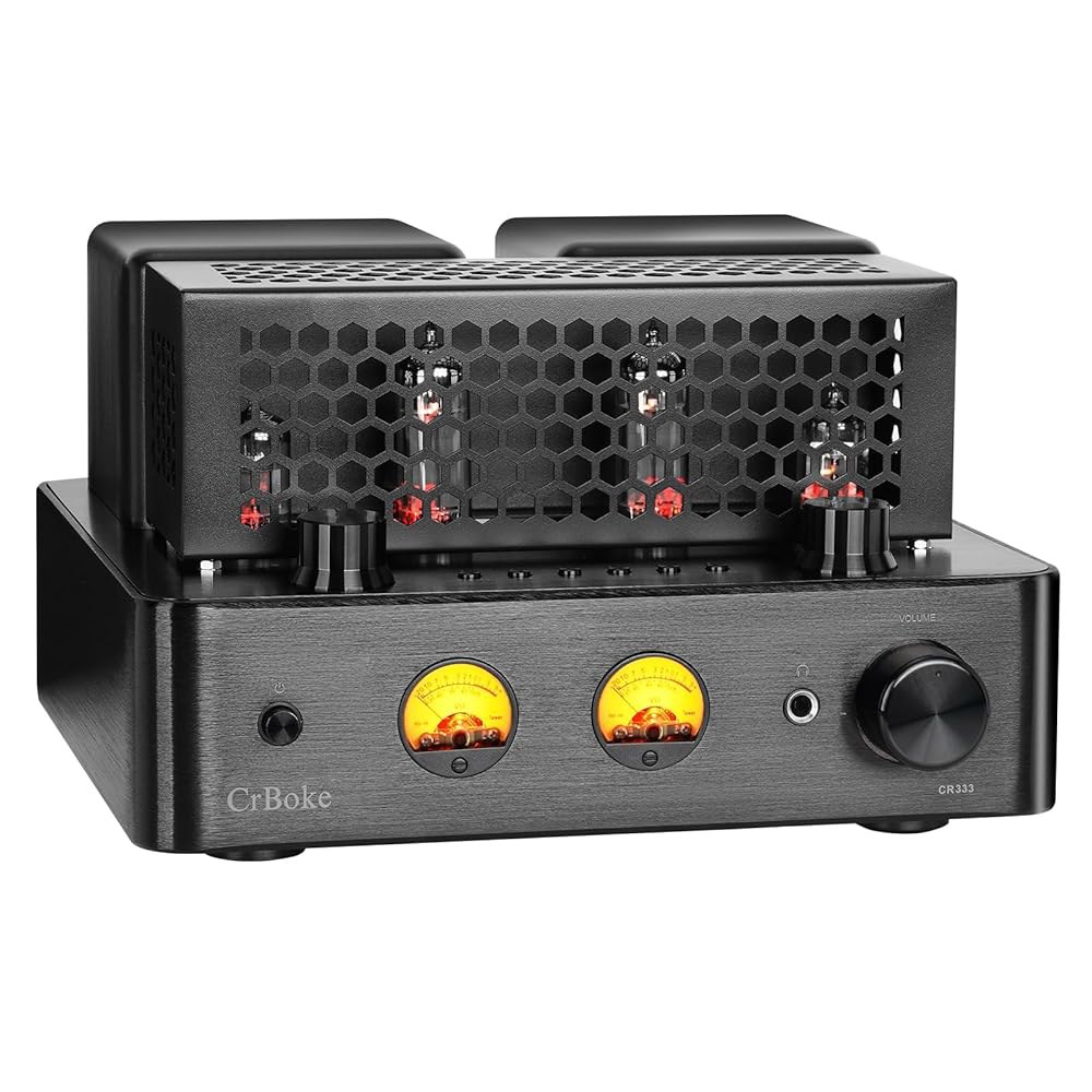 진공관 4개가 있는 CrBook 오디오 튜브 앰프 - 100W, 하이파이 책장 스피커용 통합 스테레오 하이브리드 파워 앰프, 블루투스 및 PC-USB가 포함된 빈티지 VU 미터 - 상품 이미지