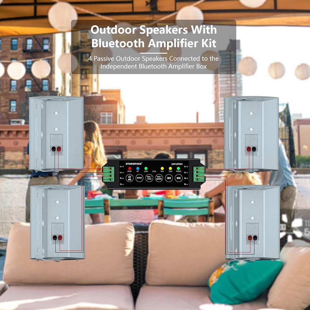 스튜디오파이닉스 800W 6.5인치 블루투스 실외 스피커 방수 유선, 다기능 앰프 벽걸이 풍향 시스템(파티오 가든 풀사이드 홈용) (스피커 4개, 흰색) White - 상세 이미지 3