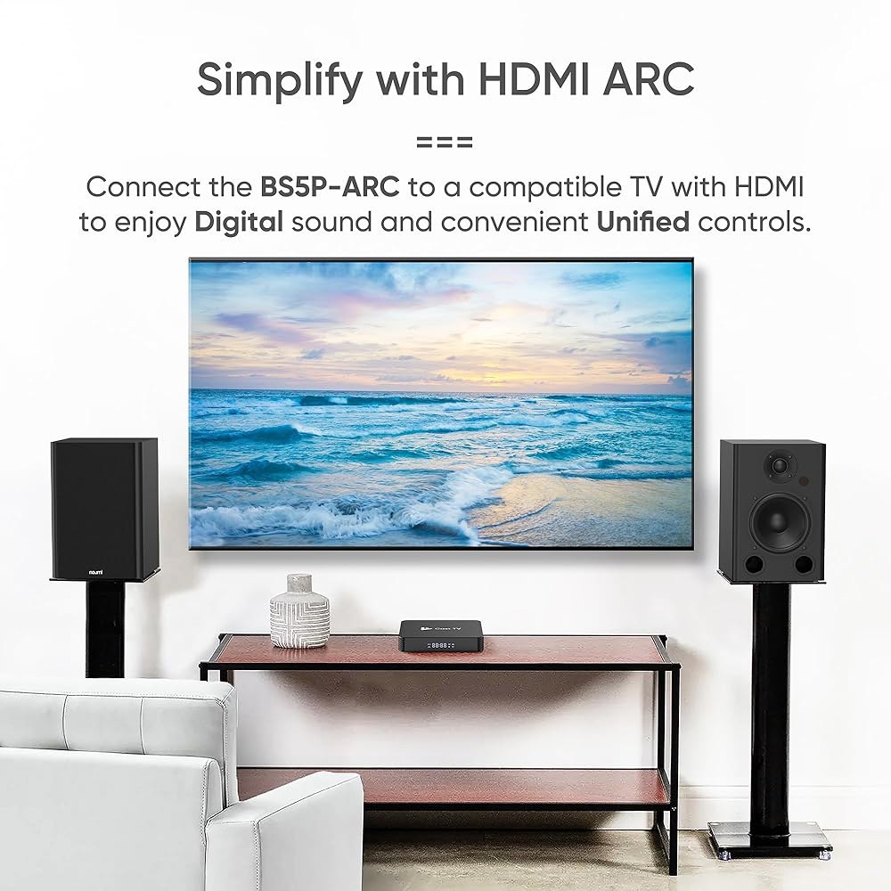 노이미텍 노이미 BS5P-ARC 75와트 전원 책장 스피커, 블루투스, HDMI, USB, 광학, 동축, 리모컨, 5인치 우퍼, 1인치 트위터, 다크 우드, 1쌍 - 상세 이미지 3