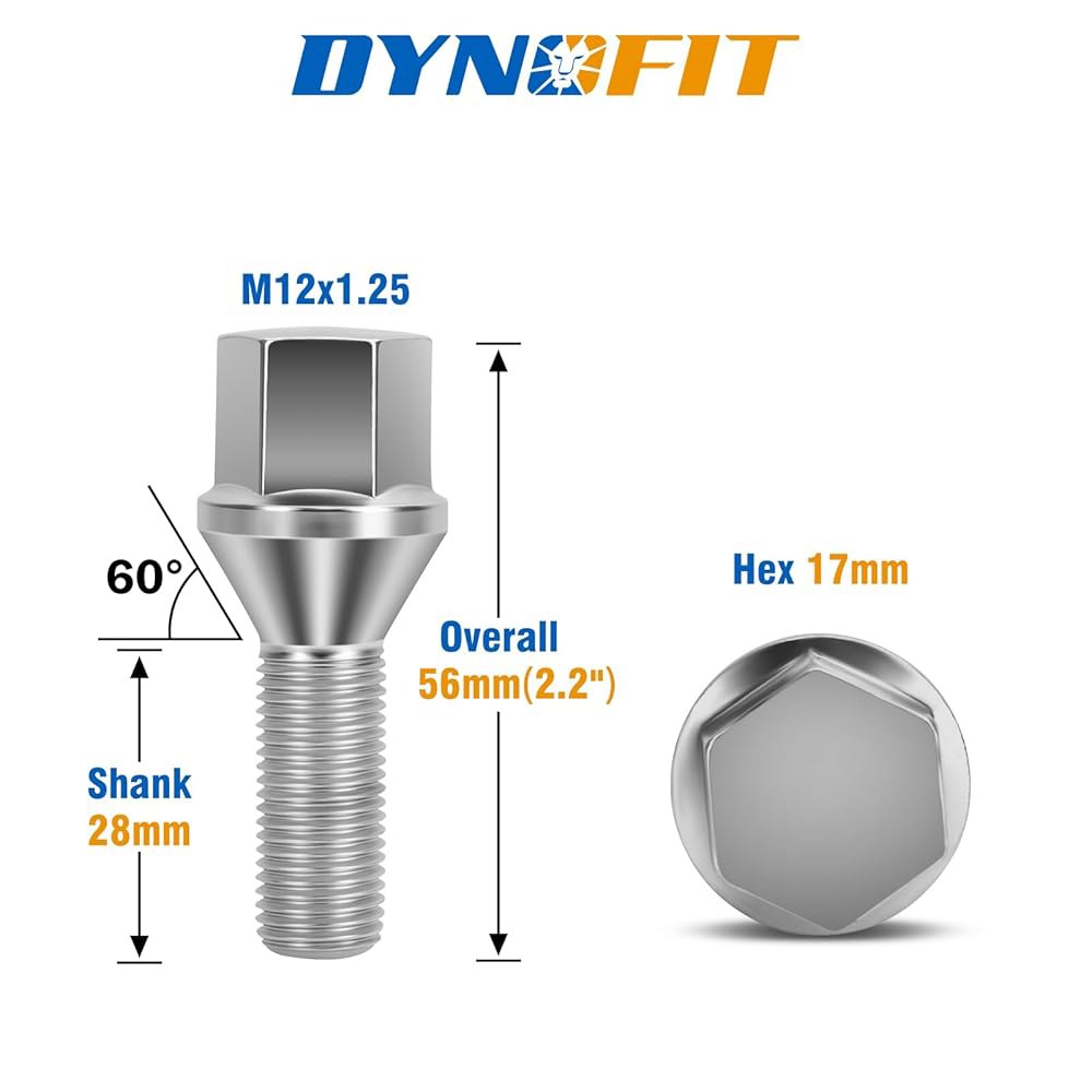 Dynofit M12x1.25 러그 볼트 세트, 스터드 체로키 611-005 x Je-ep 섕크 휠 레니게이드와 500 크라이슬러 너트 20개, 닷지 200용, 나침반 1.25 - 상세 이미지 2