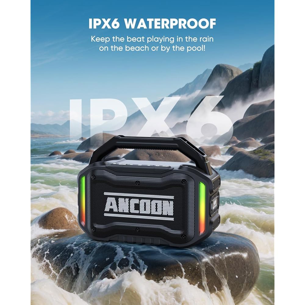 ANCOUN 스피커 블루투스 무선 베이스 포함 80W(피크) 라우드 스피커, 20시간 재생 시간, IPX6 방수, 업무용 대형 작업장 실외, 작업장, 차고, TWS 휴대용 스피커( - 상세 이미지 3
