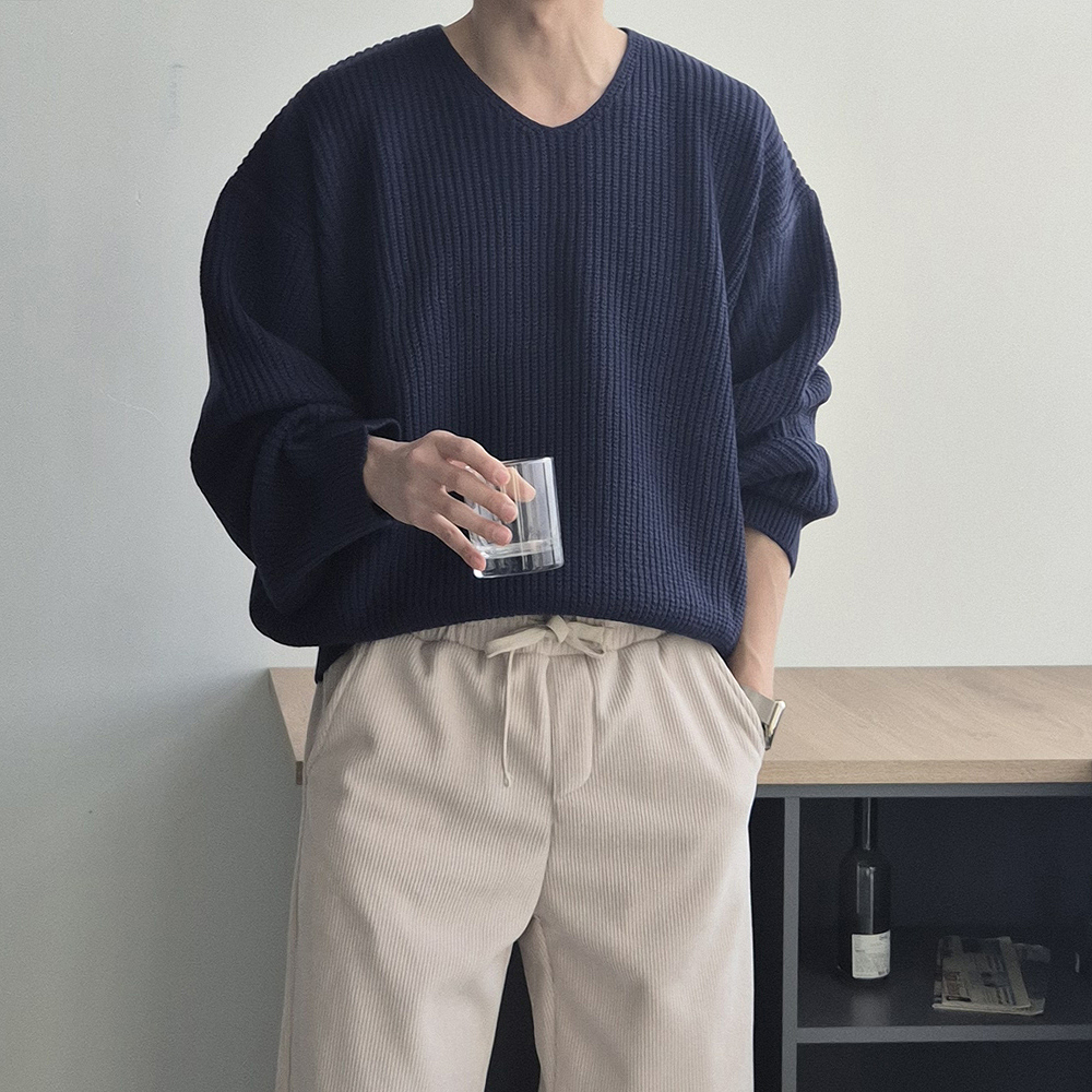 남자 니트 오버핏 레드 빨간 두꺼운 브이넥 니트 남자 스웨터 이미지 6