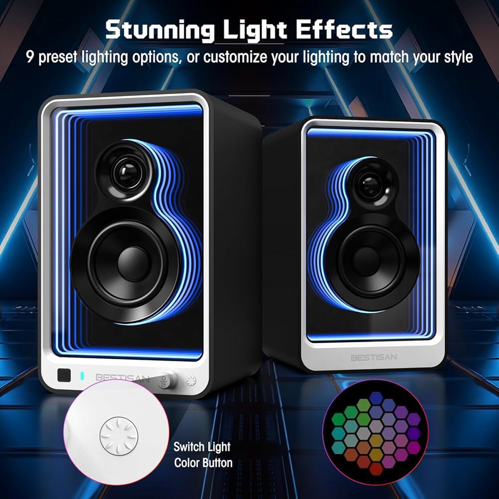 BESTISAN 50W 2 액티브 책장 스피커, 다이내믹 라이트 이펙트, 3인치 베이스 컴퓨터 ARC/광학/RCA/BT 5.2/USB/SUB 출력으로 턴테이블, PC, TV 및 - 상세 이미지 2