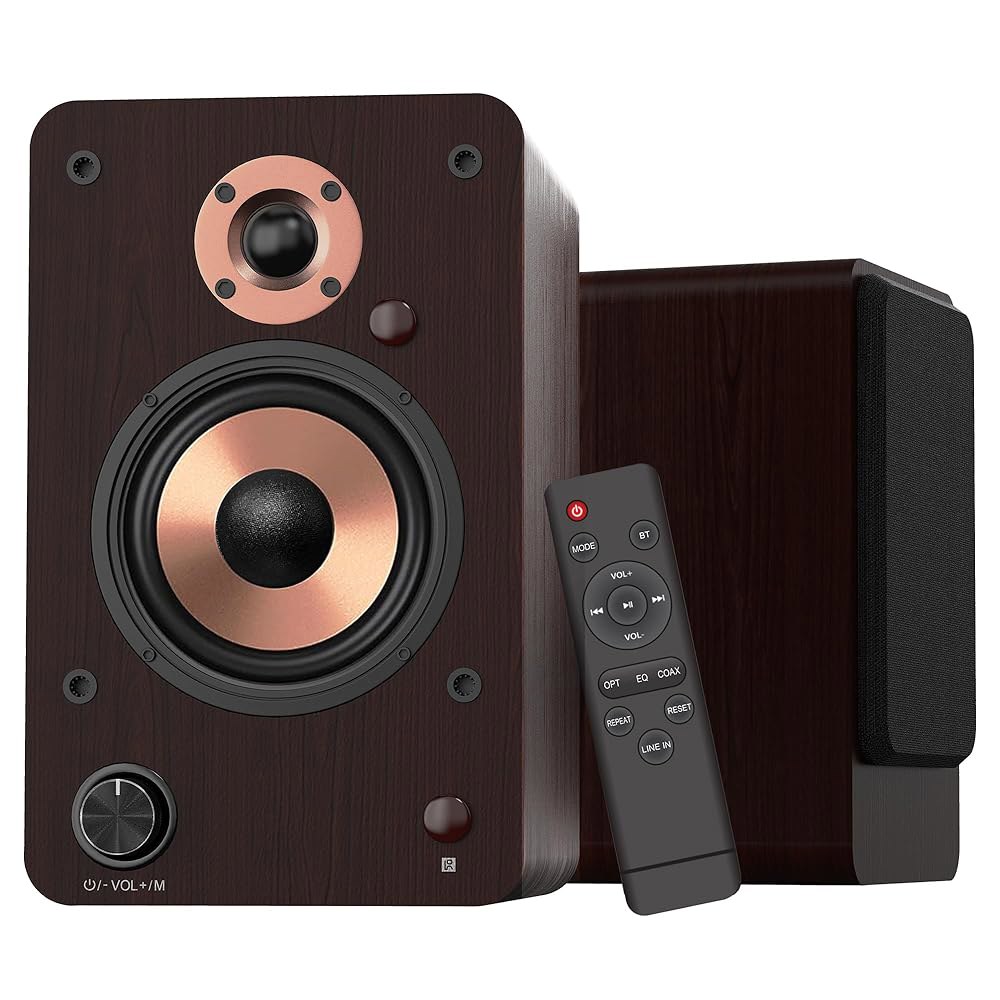 LONPOO 100W 액티브 책장 스피커, 4인치 알루미늄 우퍼가 장착된 블루투스 PC 광학, 동축, RCA, USB, 스마트폰, TV, 데스크톱 및 턴테이블용 AUX-in 포트 - 상품 이미지
