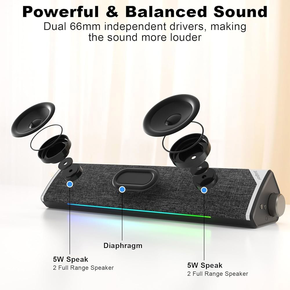 SOULION R60 블루투스 컴퓨터 스피커, LED 다이내믹 라이트가 장착된 USB 플러그 앤 플레이 PC 데스크탑 노트북용 로터리 스위치가 서라운드 사운드바 스피커(USB-C - 상세 이미지 2