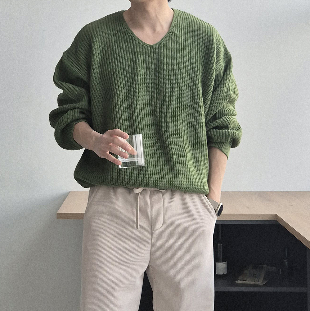 남자 니트 오버핏 레드 빨간 두꺼운 브이넥 니트 남자 스웨터 이미지 7