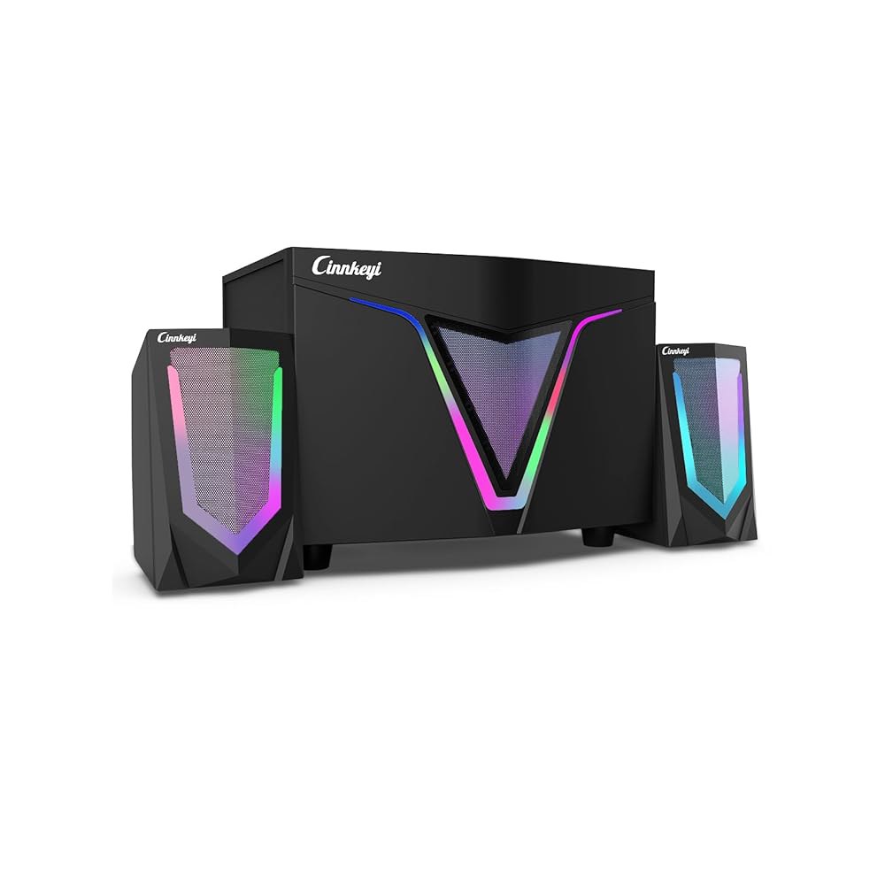 서브우퍼가 장착된 cinnkeyi 2.1 USB 구동 컴퓨터 스피커, PC용 9인치 서브우퍼-듀얼 4.7인치 중간 트레블 풀레인지 위성이 다이내믹 RGB가 최대 16W, 3.5mm - 상품 이미지