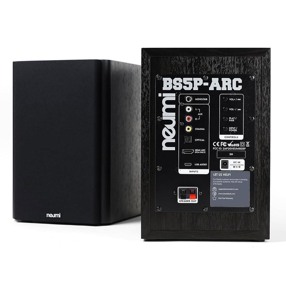 노이미텍 노이미 BS5P-ARC 75와트 전원 책장 스피커, 블루투스, HDMI, USB, 광학, 동축, 리모컨, 5인치 우퍼, 1인치 트위터, 다크 우드, 1쌍 - 상세 이미지 2