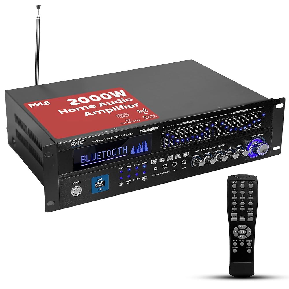 Pyle Bluetooth 하이브리드 홈 앰프 - 6채널 2000W 오디오 랙 마운트 스테레오 파워 리시버 w/라디오, USB /AUX /RCA /Mic, 광/코축, AC-3, - 상품 이미지
