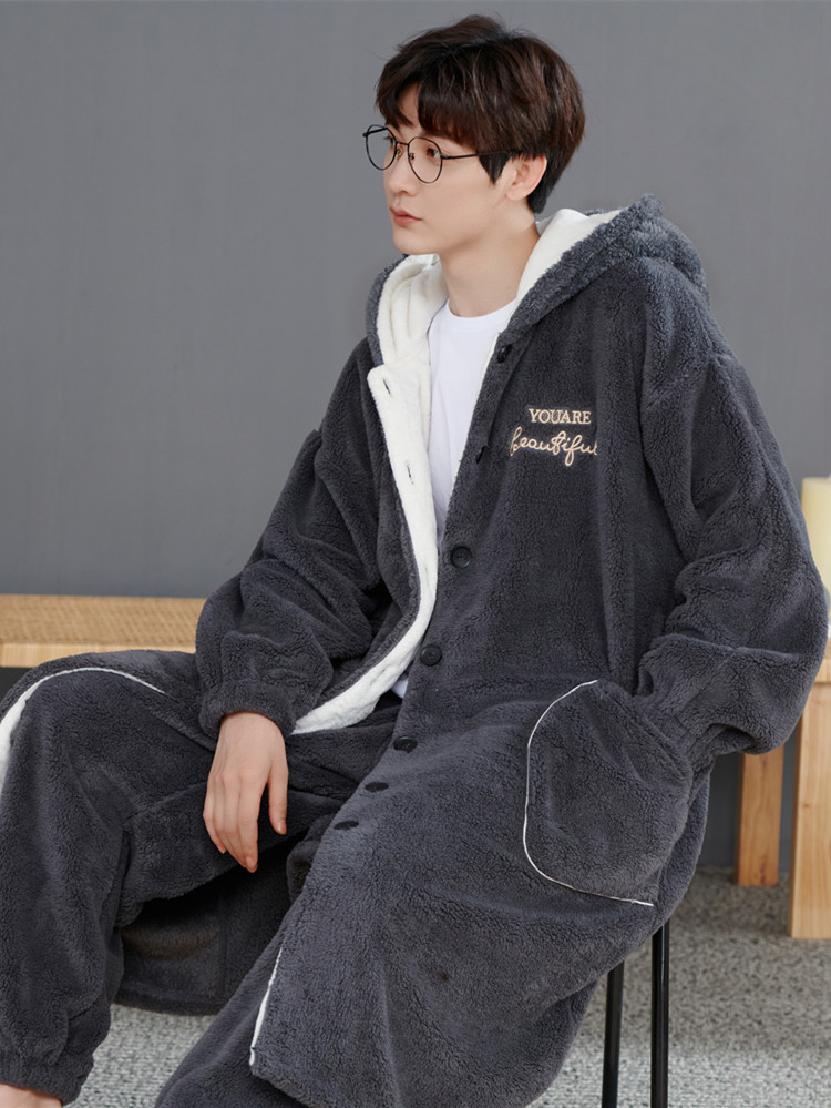 남성 겨울 잠옷 가운 수면 홈웨어 털 방한 로브 그레이 3801 2XL75.0-87.5kg - 상품 이미지