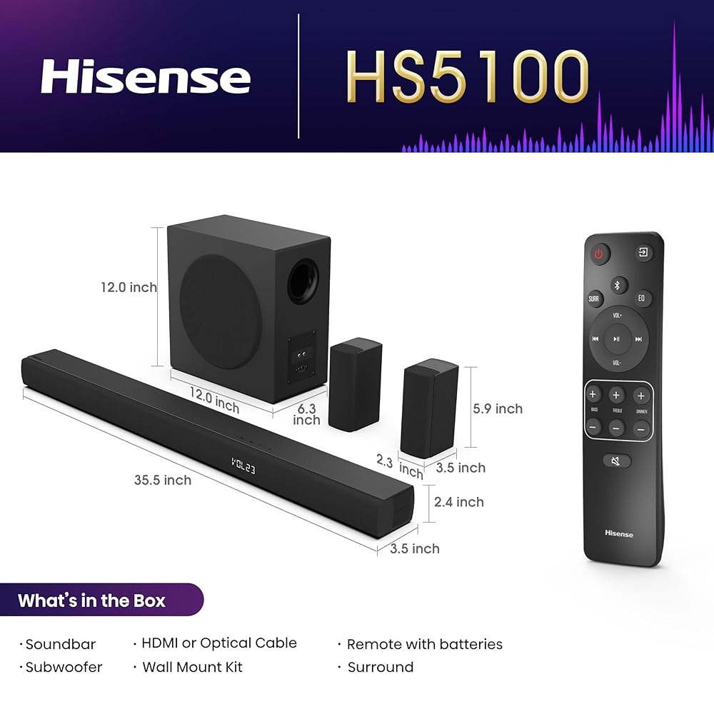 무선 서브우퍼, 540W, 돌비 디지털 플러스, 블루투스 5.3, 이지플레이, 로쿠 TV 레디, DTS가 포함된 하이센스 HS5100 5.1Ch 사운드 바 X, HDMI /AUX - 상세 이미지 2