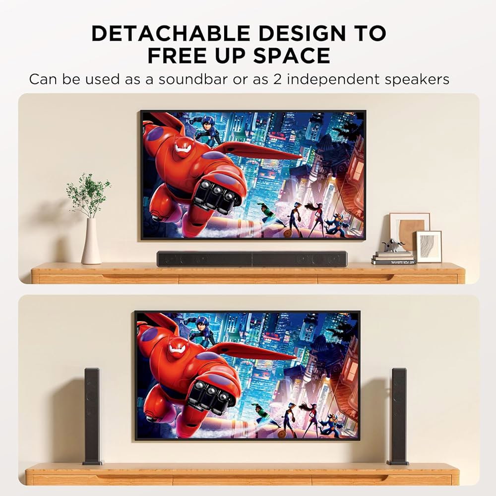 스마트 TV용 2.0ch 100W 사운드 바, 2-in-1 탈착식 블루투스 5.3 스피커, 3가지 EQ 모드 및 조절 가능한 베이스 - 영화, 게임, 음악을 위한 홈 시어터 오디오 - 상세 이미지 2