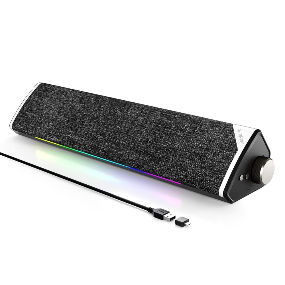 SOULION R60 블루투스 컴퓨터 스피커, LED 다이내믹 라이트가 장착된 USB 플러그 앤 플레이 PC 데스크탑 노트북용 로터리 스위치가 서라운드 사운드바 스피커(USB-C - 상품 이미지
