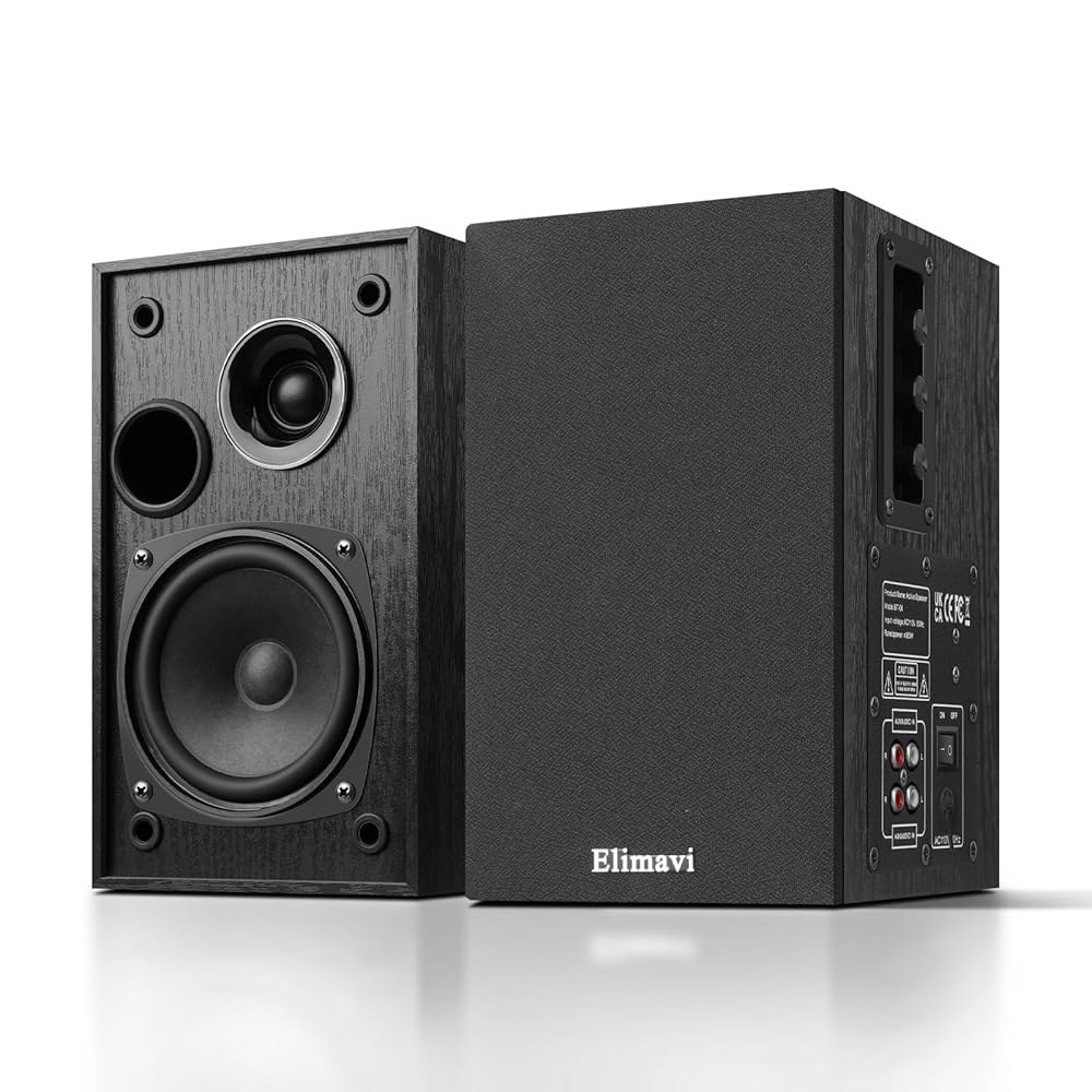엘리마비 파워 서가 스피커 35W RMS, 4인치 우퍼 및 1인치 트위터가 장착된 레코딩 플레이어 스피커, TV PC용 벽 장착, RCA 입력이 가능한 턴테이블 블랙 Black - 상품 이미지