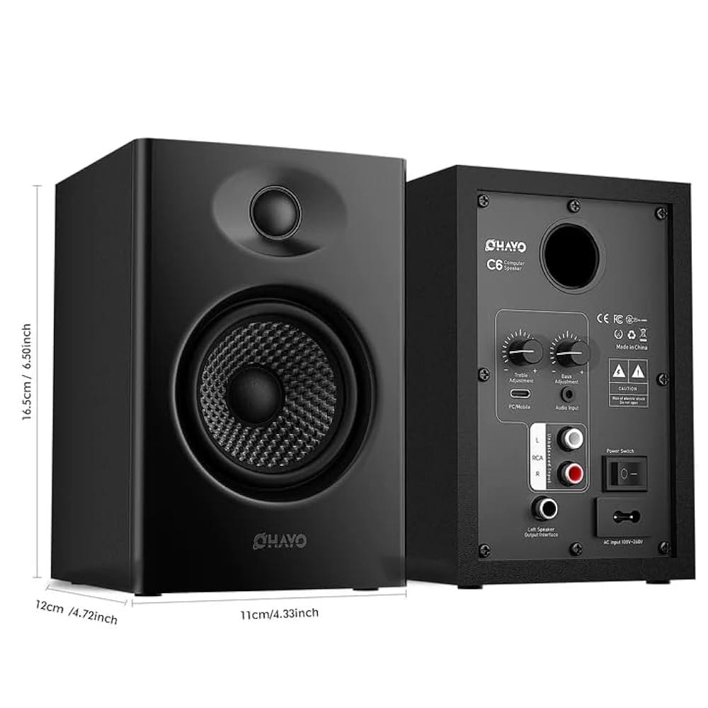 음악 및 게임용 OHAYO 60W 컴퓨터 스피커, 액티브 블루투스 5.3, 데스크톱 PC 또는 노트북용 스테레오 2.0 3.5mm Aux RCA USB 입력, 1쌍, 블랙 - 상세 이미지 2