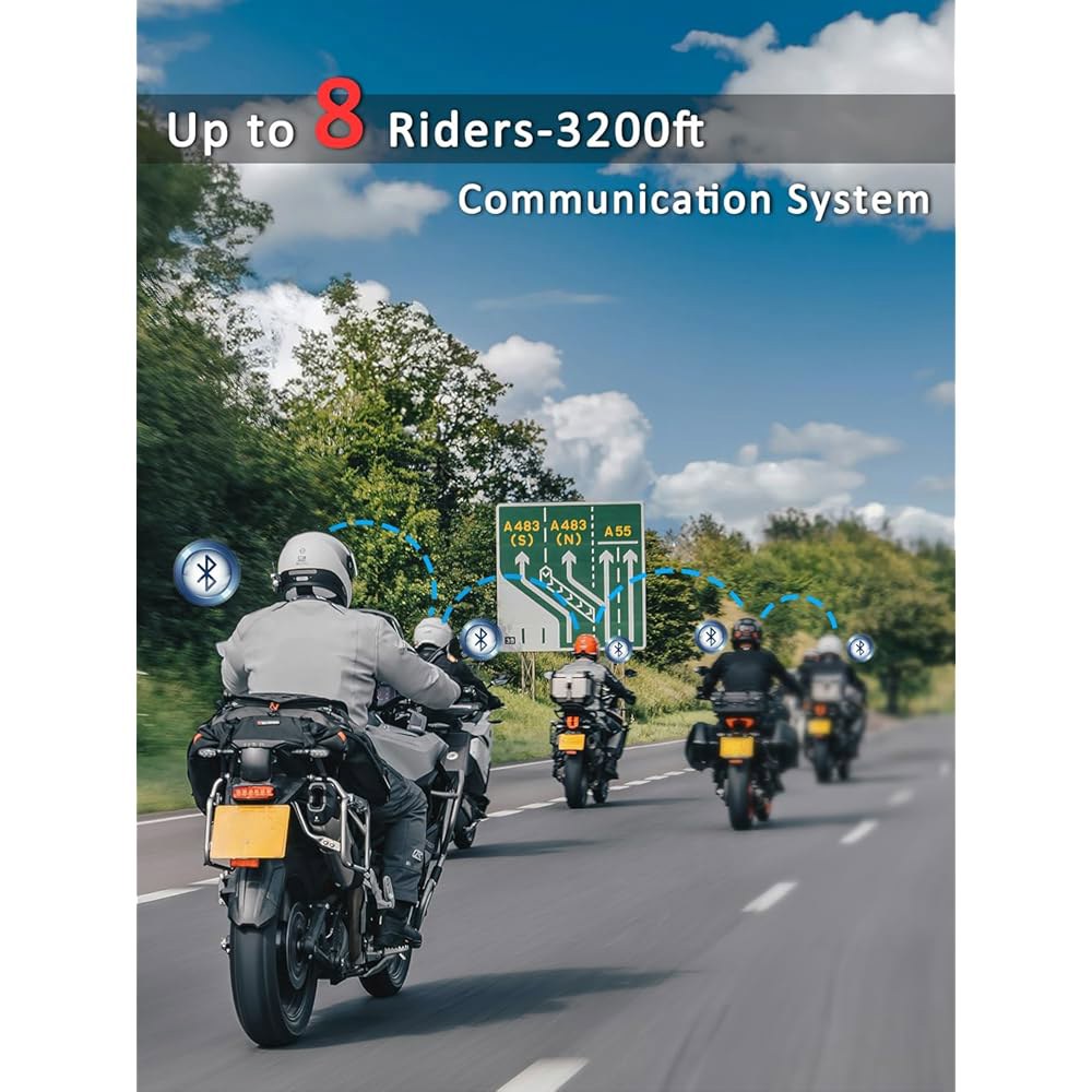 MAXTO 오토바이 블루투스 헤드셋 M6S, 메시 인터콤 1000M 통신 시스템 8 라이더 헬멧 스피커, BT5.0 더블 칩 CVC+DSP 노이즈 캔슬링 음악 공유 IP67(1팩) - 상세 이미지 2