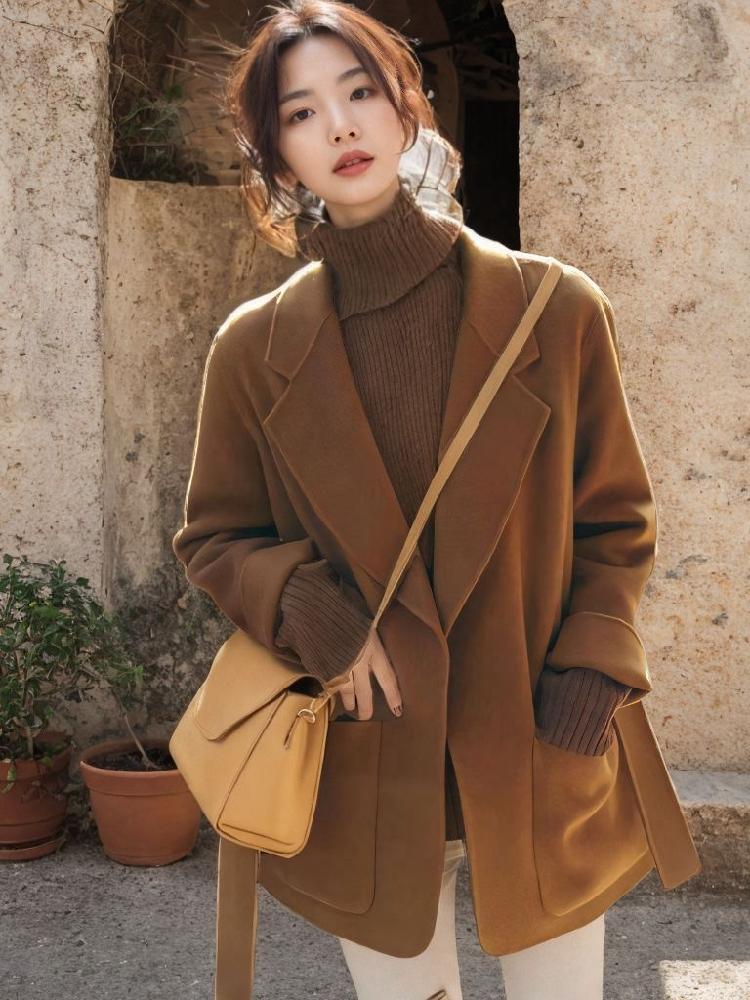 여성 울 더블코트 숏기장 체크 가을 겨울 코트 - 상세 이미지 4