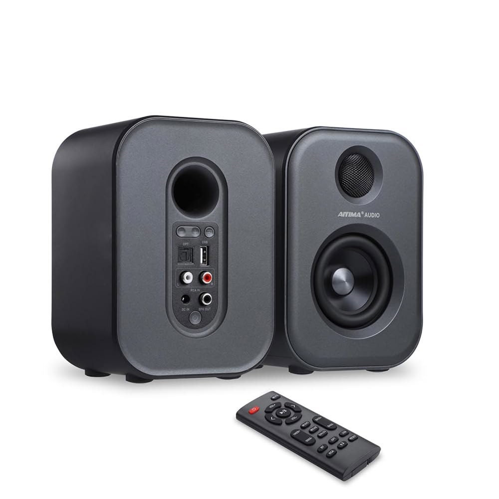 AIYIMA S400 80와트 2.0 채널 홈 오디오 액티브 책장 스피커, 블루투스/광학/RCA/USB TV 입력, 우퍼, 혼 트위터, 리모컨 포함 - 상세 이미지 2