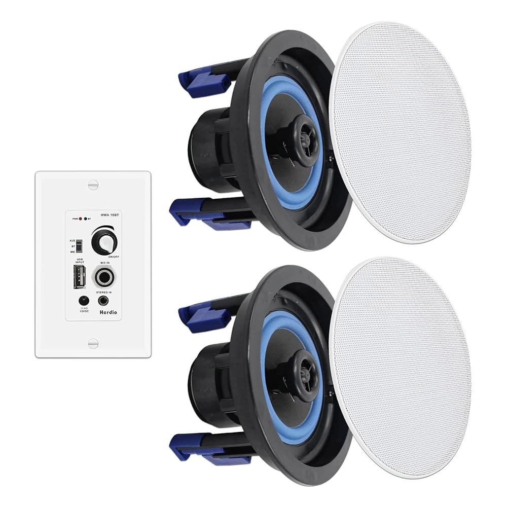 Herdio 4인치 블루투스 천장 스피커 160W 플러시 마운트 인 월 앰프 리시버는 실내 가정 및 덮개가 있는 실외 현관(페어)에 적합합니다 - 상품 이미지