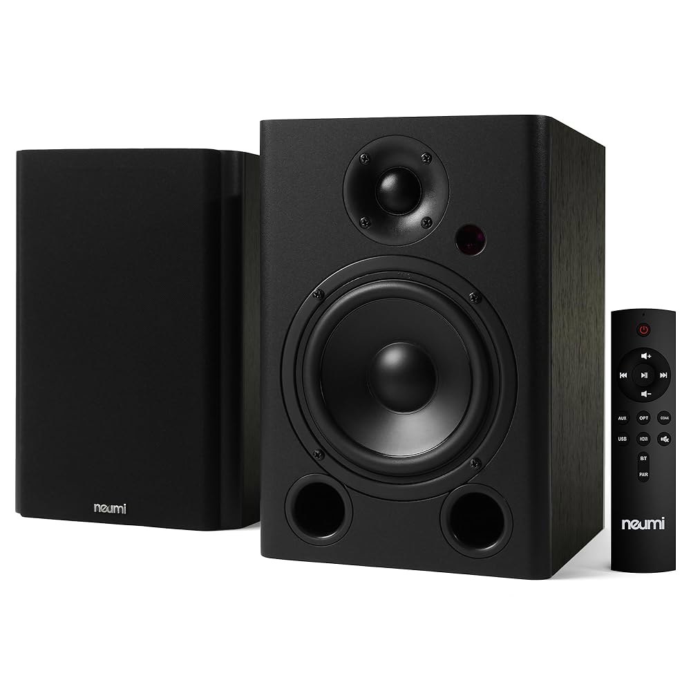 노이미텍 노이미 BS5P-ARC 75와트 전원 책장 스피커, 블루투스, HDMI, USB, 광학, 동축, 리모컨, 5인치 우퍼, 1인치 트위터, 다크 우드, 1쌍 - 상품 이미지