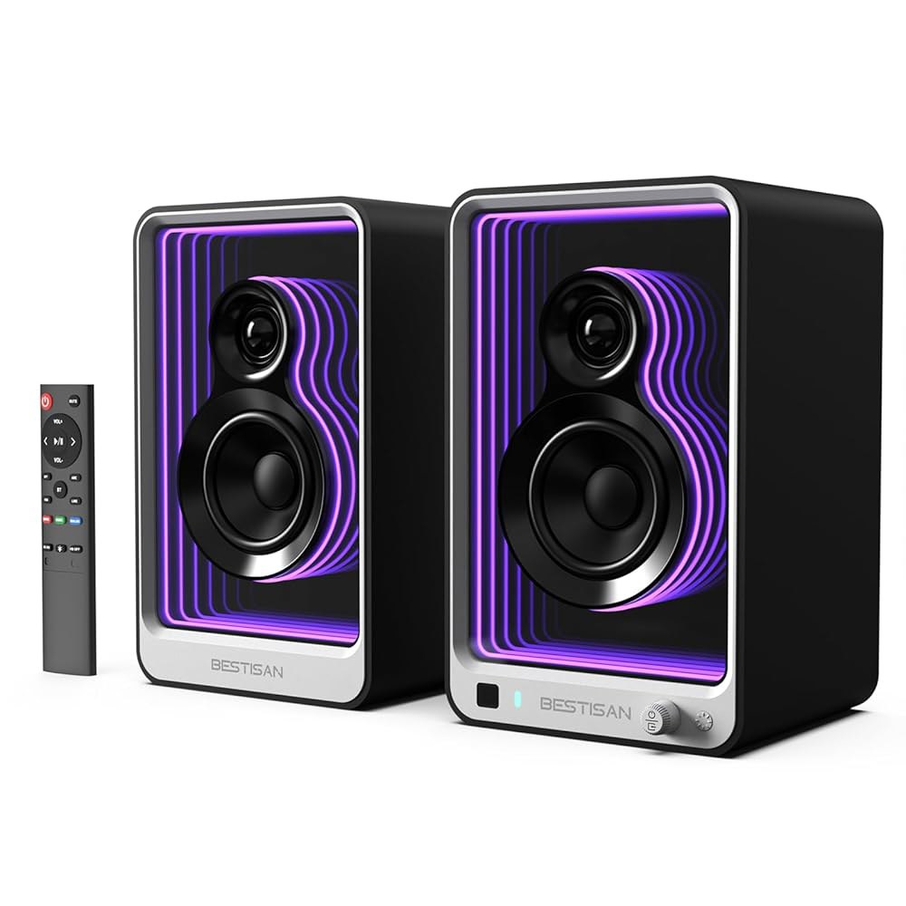 BESTISAN 50W 2 액티브 책장 스피커, 다이내믹 라이트 이펙트, 3인치 베이스 컴퓨터 ARC/광학/RCA/BT 5.2/USB/SUB 출력으로 턴테이블, PC, TV 및 - 상품 이미지