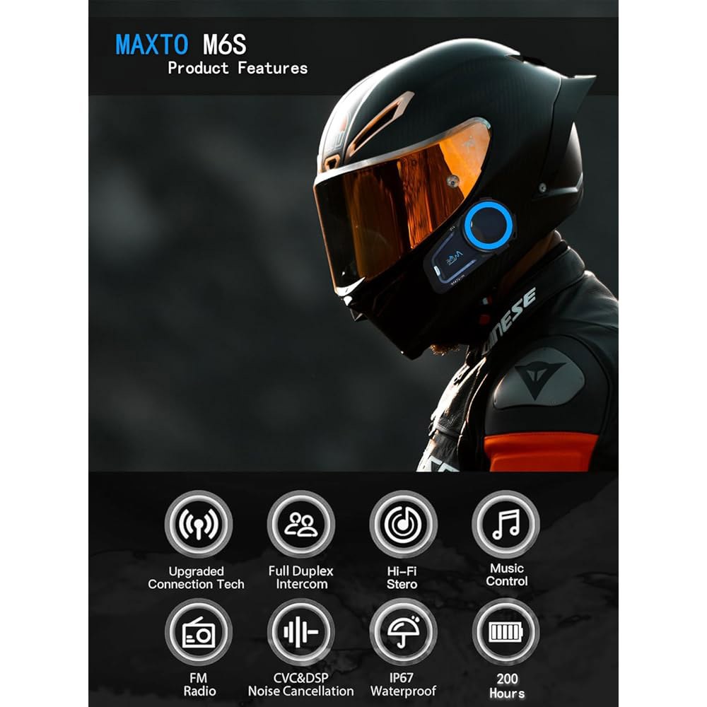 MAXTO 오토바이 블루투스 헤드셋 M6S, 메시 인터콤 1000M 통신 시스템 8 라이더 헬멧 스피커, BT5.0 더블 칩 CVC+DSP 노이즈 캔슬링 음악 공유 IP67(1팩) - 상세 이미지 3