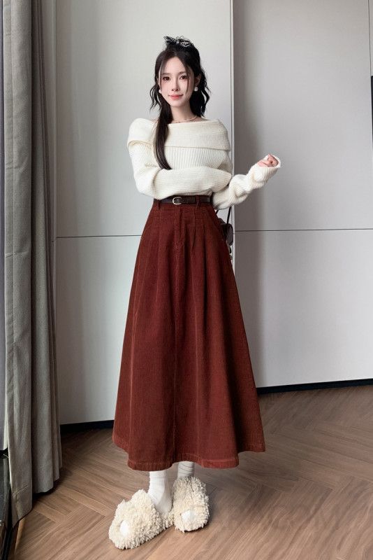 여성 고고 벨벳 코듀로이 A라인 롱 스커트 하이웨스트 주름 핀턱 플리츠 루즈핏 체형커버 겨울 가을 베이직 데일리 이미지 6