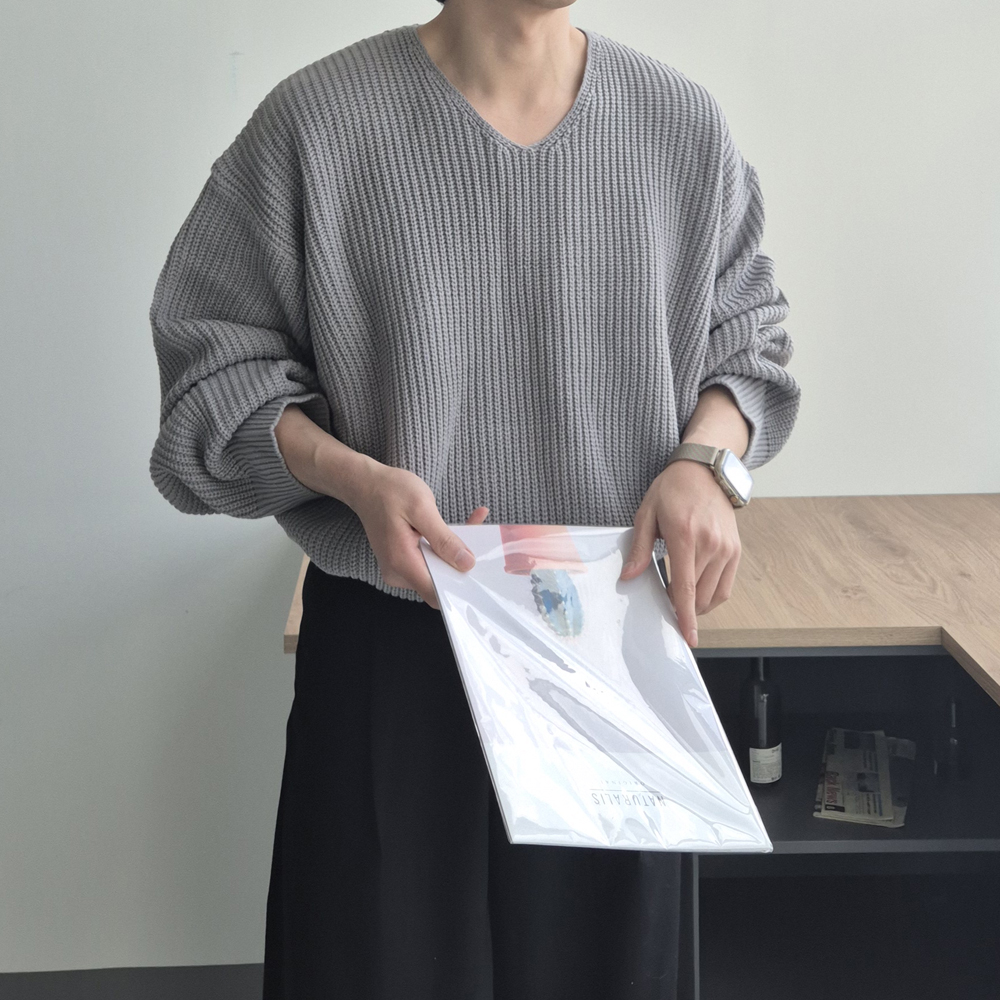 남자 니트 오버핏 레드 빨간 두꺼운 브이넥 니트 남자 스웨터 - 상세 이미지 3