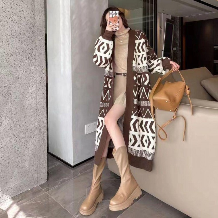 고급 패턴 여성 데일리 패션 여유 핏 롱 가디건 brown - 상품 이미지