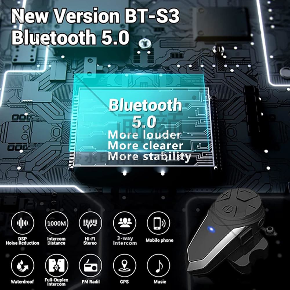 Dgakcvb 오토바이 블루투스 헤드셋, BT-S3 5.0 1000M 헬멧 인터콤 스키 / ATV 더트 바이크 레이싱 클라이밍 (듀얼) 최대 3명 탑승 가능 - 상세 이미지 2