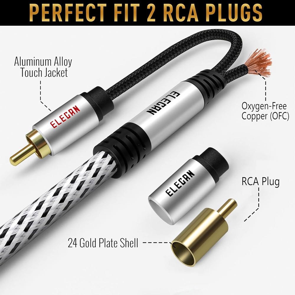 엘레칸 프리미엄 RCA 케이블 6피트(하이파이 사운드-16 AWG 차폐) 2개 남성 대 스테레오 오디오 케이블, 홈 시어터 스피커용 골드 도금-알루미늄 합금 쉘-순수 구리 브레이딩 - 상세 이미지 2