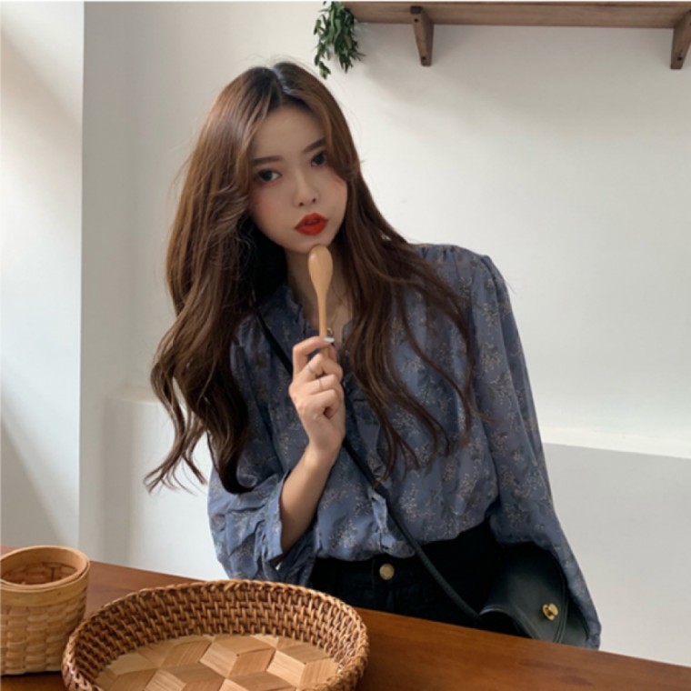 레이스 포인트 플라워 블라우스 프릴 쉬폰 블라우스 - 상품 이미지