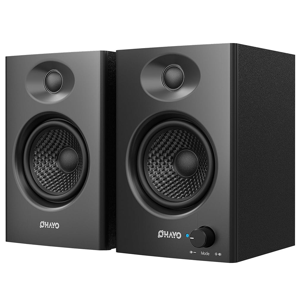 음악 및 게임용 OHAYO 60W 컴퓨터 스피커, 액티브 블루투스 5.3, 데스크톱 PC 또는 노트북용 스테레오 2.0 3.5mm Aux RCA USB 입력, 1쌍, 블랙 - 상품 이미지