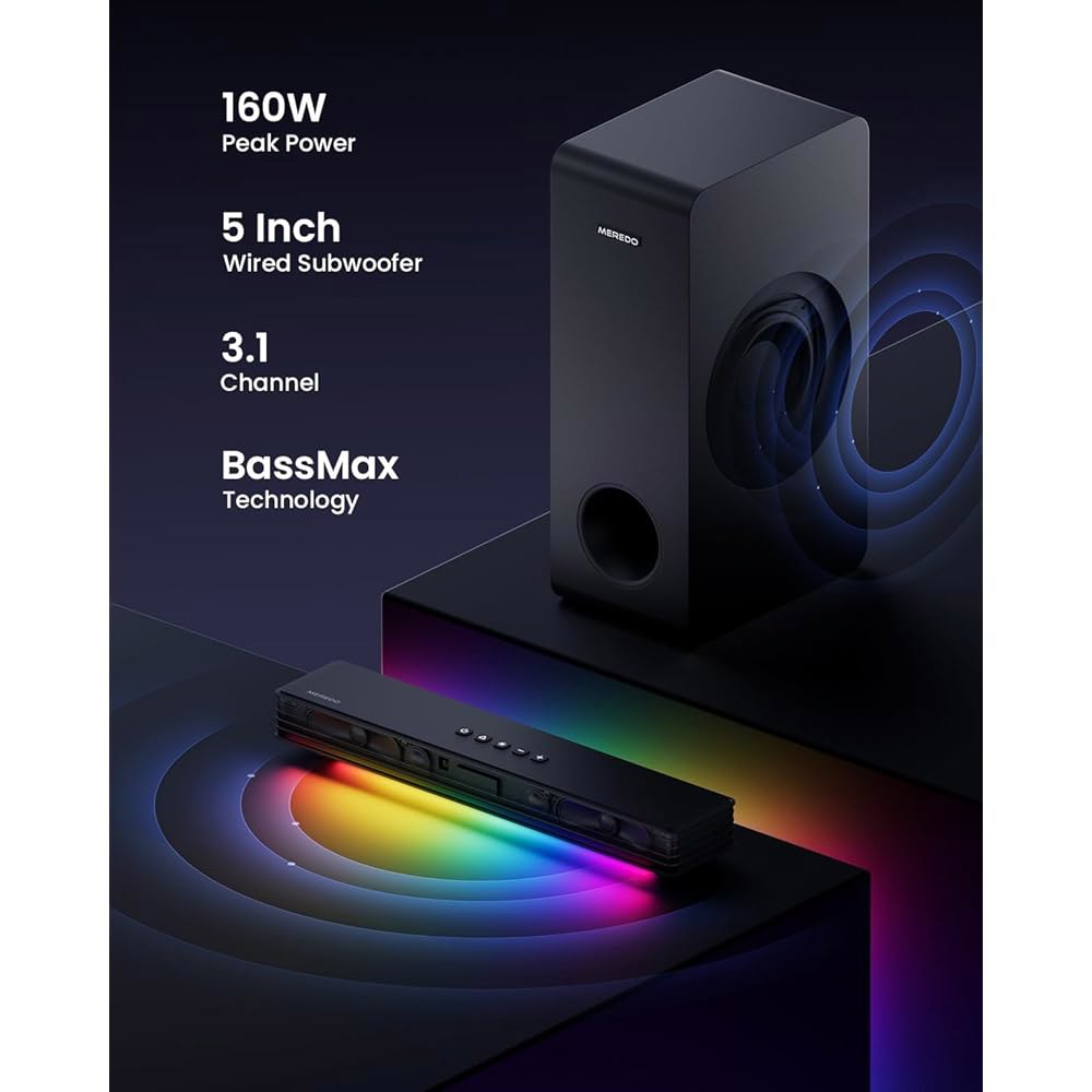 스마트 TV용 메레도 사운드 바 160W 3.1CH PC 게이밍 바, 서브우퍼 RGB 조명 오디오 동기화 서라운드 시스템 BT 5.3 / HD-ARC Optical AUX USB - 상세 이미지 3