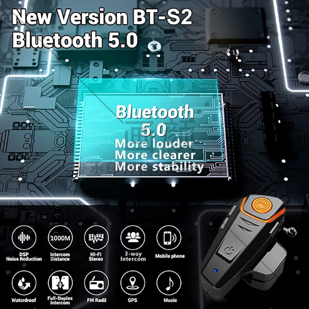 Dgakcvb 오토바이 블루투스 헤드셋, BT-S2 5.0 헬멧 인터콤 스키 / ATV 더트 바이크 레이싱 클라이밍을 위한 최대 2-3인용 1000M 통신 시스템 (붐 마이크, - 상세 이미지 2