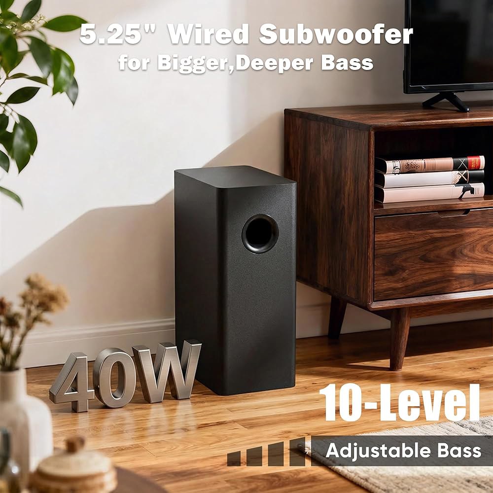 스마트 TV용 RIOWIS 사운드 바, 유선 서브우퍼가 장착된 3.1인치 100W 딥 베이스, TV-ARC /광학 /AUX /블루투스 5.3 TV PC /게이밍 /프로젝터용 서라운 - 상세 이미지 3