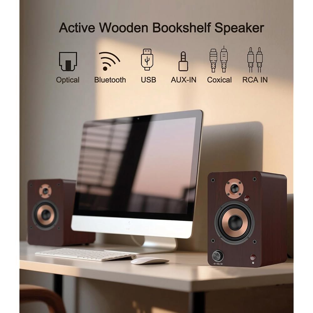 LONPOO 100W 액티브 책장 스피커, 4인치 알루미늄 우퍼가 장착된 블루투스 PC 광학, 동축, RCA, USB, 스마트폰, TV, 데스크톱 및 턴테이블용 AUX-in 포트 - 상세 이미지 2