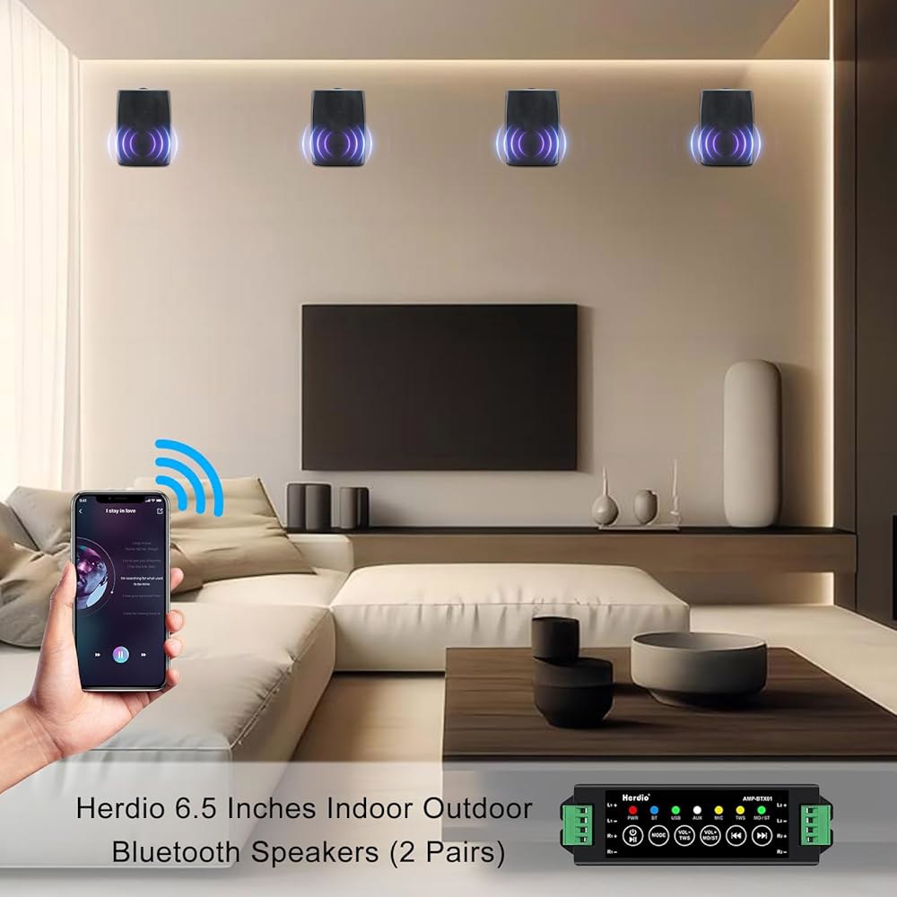 Herdio 6.5인치 800W 야외 블루투스 스피커 유선 방수, 다기능 앰프, 파티오 홈 풀사이드 데크 뒷마당용 월 마운트 스피커(2쌍, 검은색) - 상세 이미지 2
