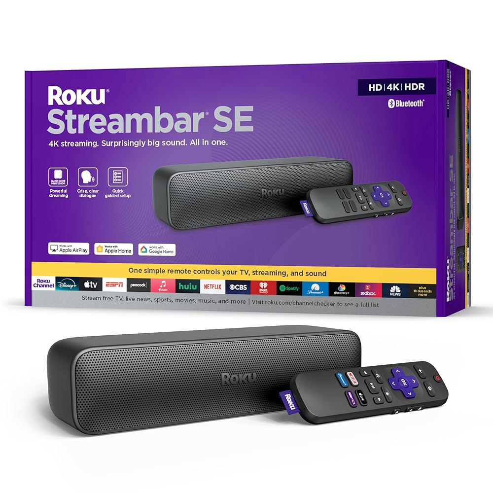 Roku Streambar SE | 4K / HD HDR 스트리밍, 프리미엄 스피커, 선명하고 선명한 대화를 위한 향상된 음성 명료성을 갖춘 2-in-1 TV 사운드바 - 빠른 - 상품 이미지