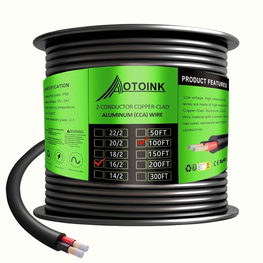 AOTOINK 100피트 16 게이지 2 도체 전선 연장 케이블 16/2 CCA AWG 스피커, LED 스트립, 자동차, 램프용 18 gauge 30M - 상품 이미지
