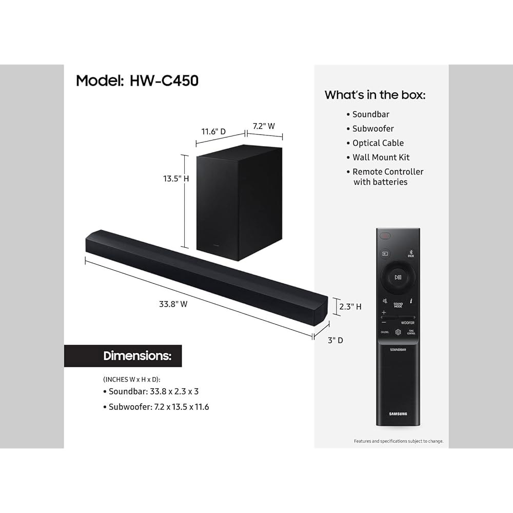 삼성 HW-C450 2.1ch 사운드바, DTS Virtual X, 서브우퍼 포함, 베이스 부스트, 어댑티브 사운드 라이트, 게임 모드, 블루투스, 무선 서라운드 호환 - 상세 이미지 2