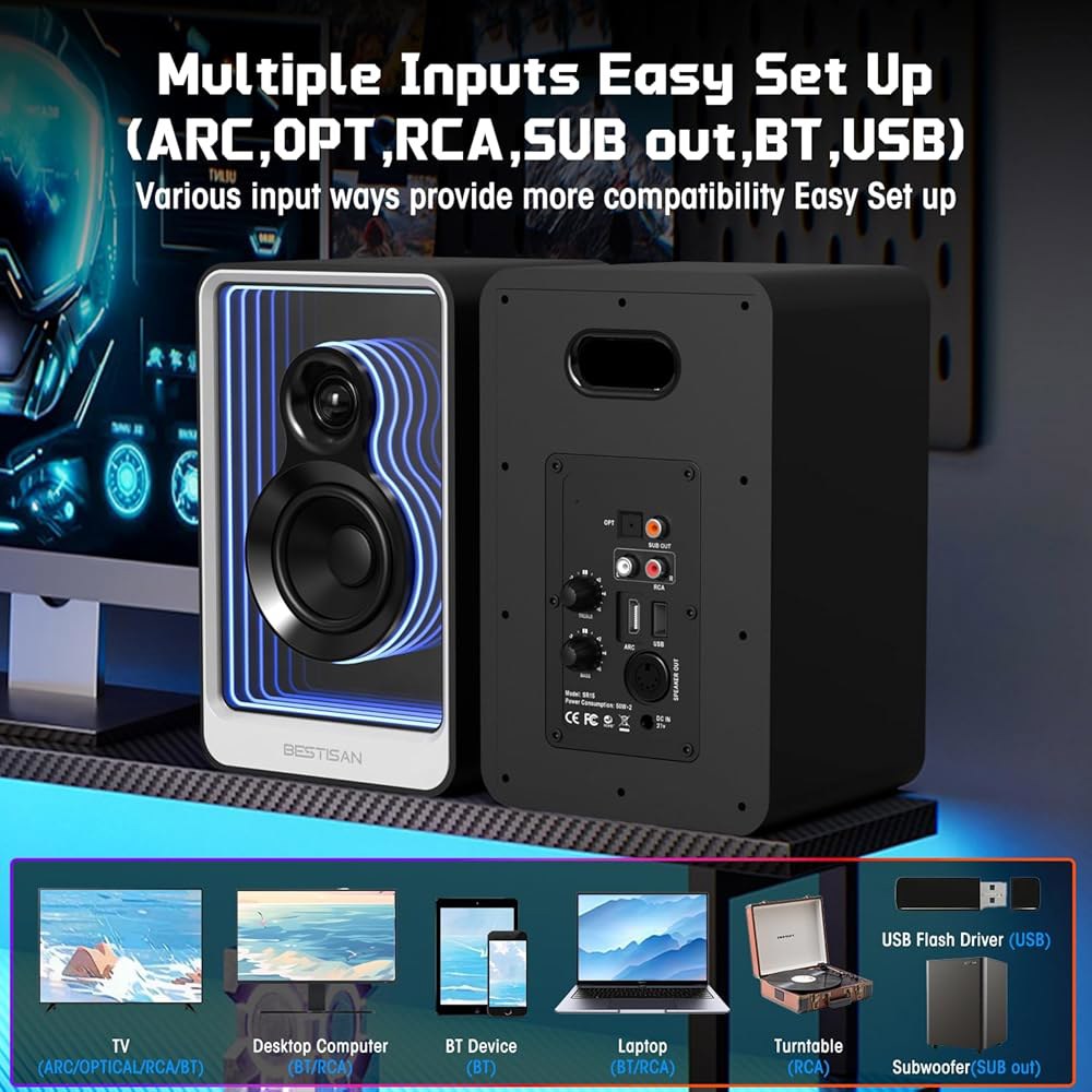 BESTISAN 50W 2 액티브 책장 스피커, 다이내믹 라이트 이펙트, 3인치 베이스 컴퓨터 ARC/광학/RCA/BT 5.2/USB/SUB 출력으로 턴테이블, PC, TV 및 - 상세 이미지 3