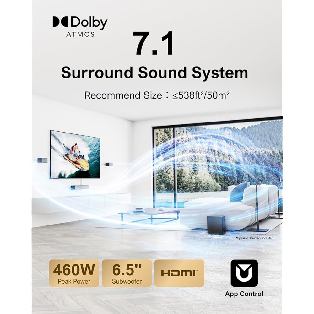 ULTIMEA 7.1CH TV용 서라운드 사운드 시스템, 돌비 애트모스 사운드바, 6.5인치 무선 서브우퍼, APP 제어, 유선 스피커 4개, 피크 파워 460W 포세이돈 D80( - 상세 이미지 2