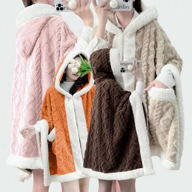 담요 사무실 블랭킷 학생 집순이 포켓 케이프 후크 입는 겨울 망토 후드 핑크 - 상품 이미지