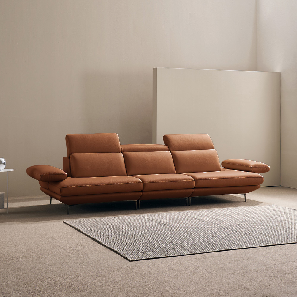 쉐우드가구 모담 이태리 천연통가죽 팔걸이 스윙 소파 카멜브라운, 4인용